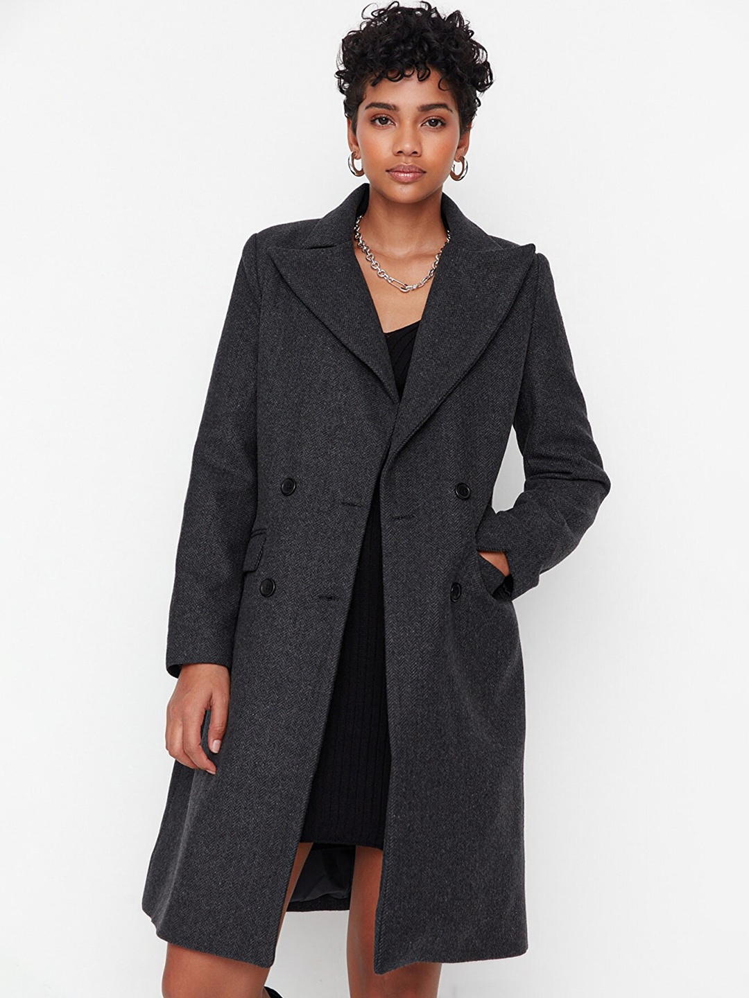 

Trendyol Women Black Solid Longline Overcoat