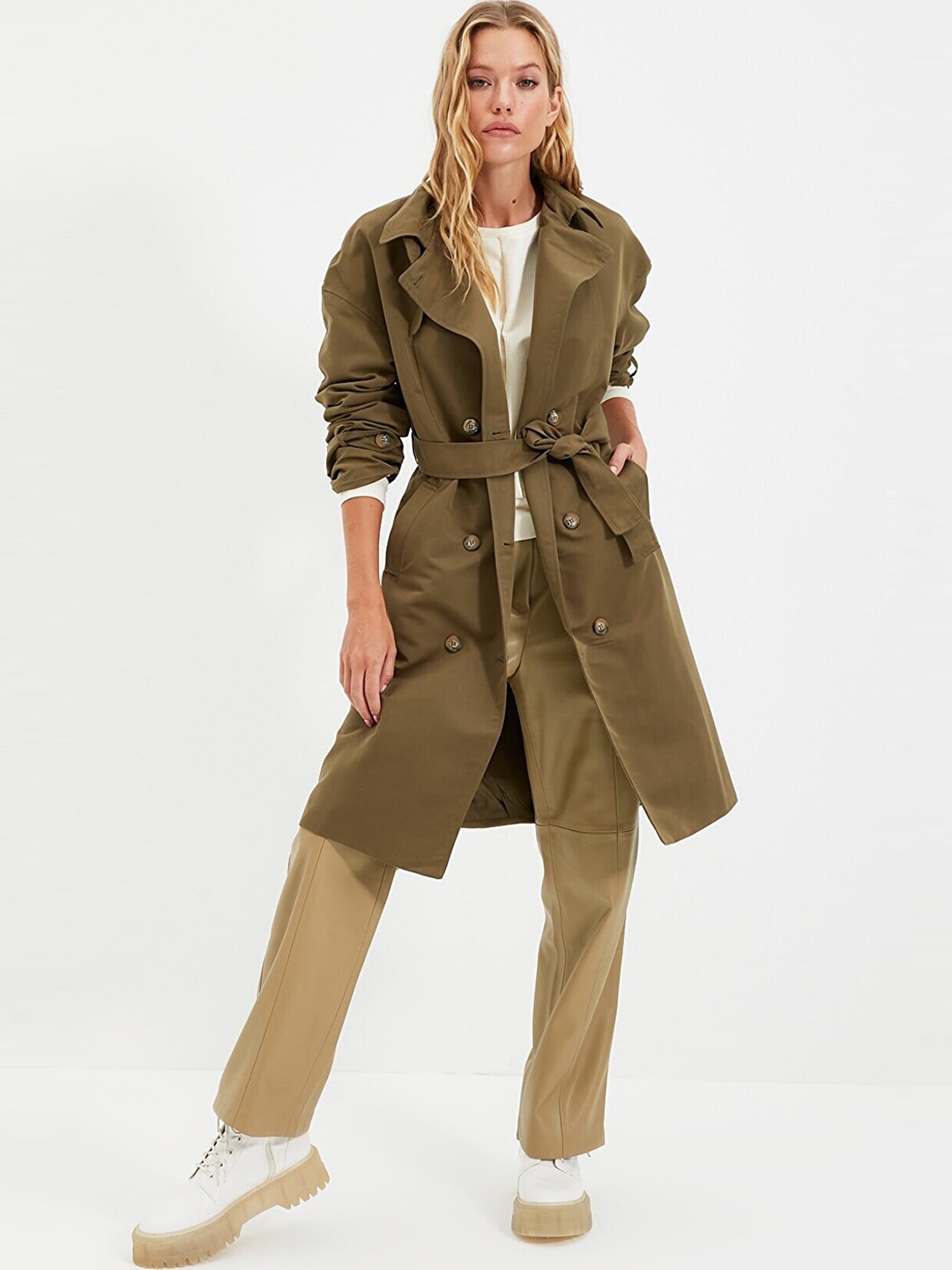 

Trendyol Women Khaki Solid Longline Overooat