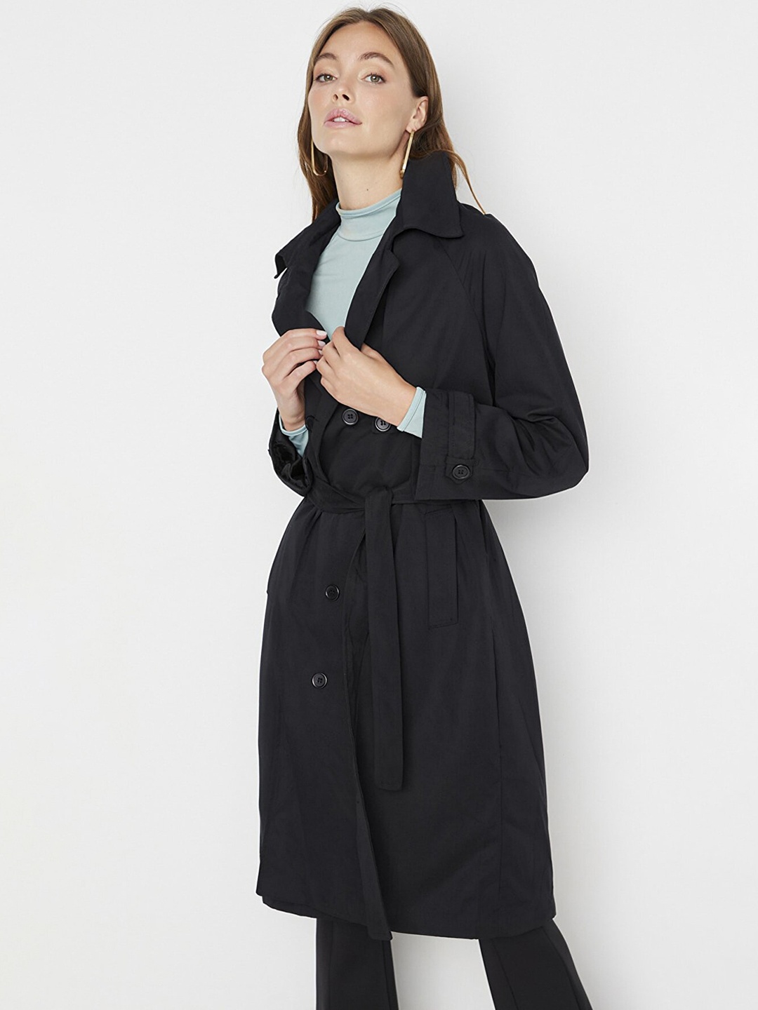 

Trendyol Women Black Solid Double-Breasted Longline Trench Coat