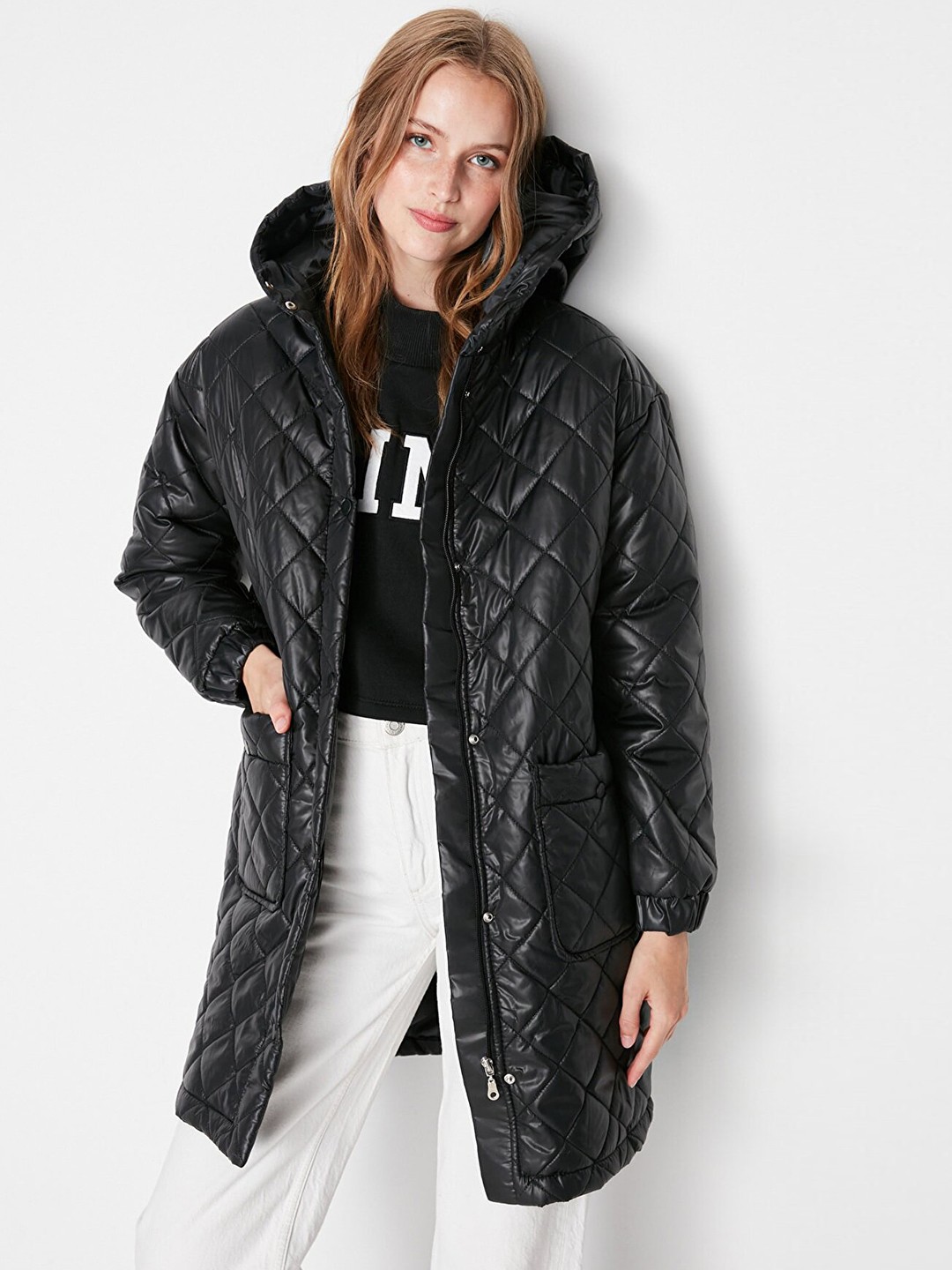 

Trendyol Women Black Longline Quilted Hooded Jacket