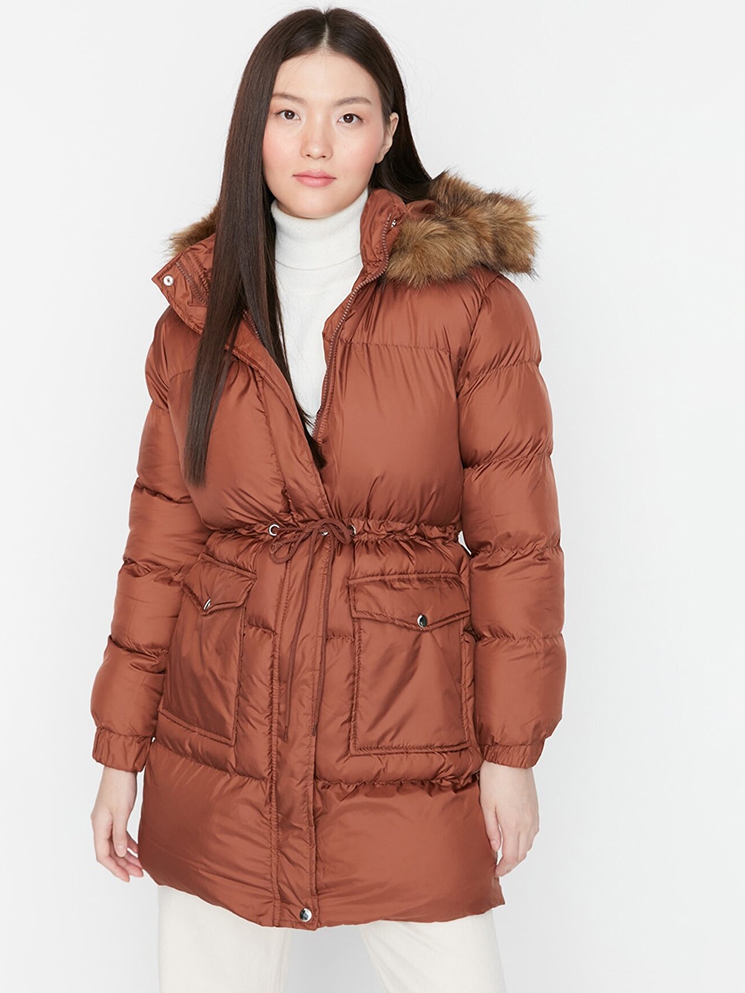 

Trendyol Women Brown Solid Hooded Parka Jacket