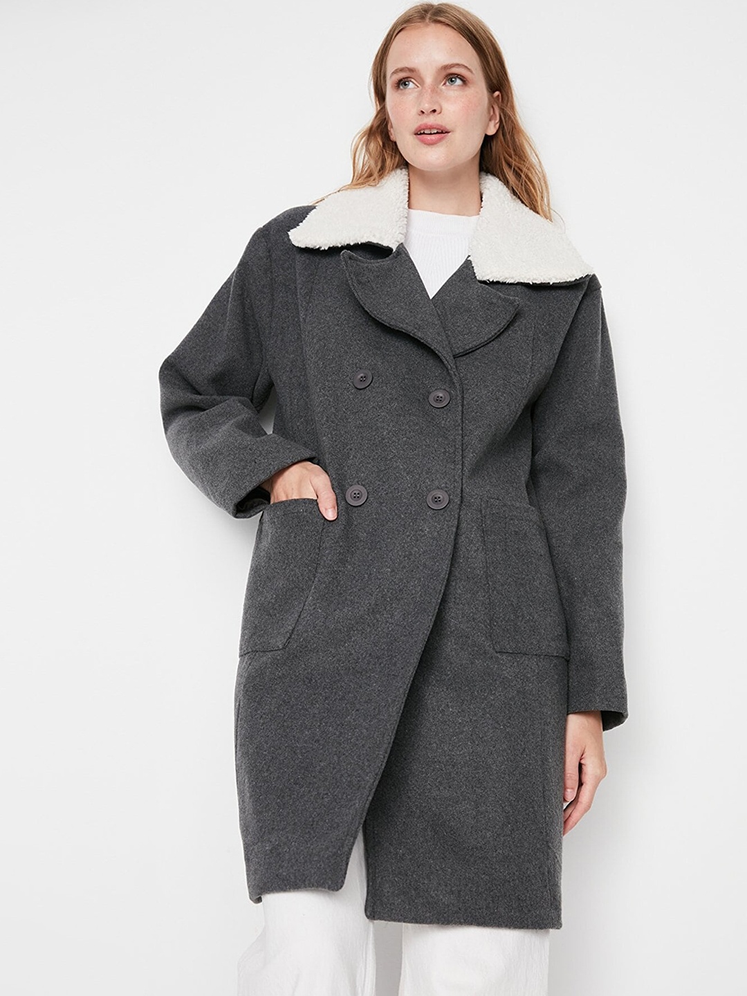 

Trendyol Women Charcoal Grey Solid Trench Coat
