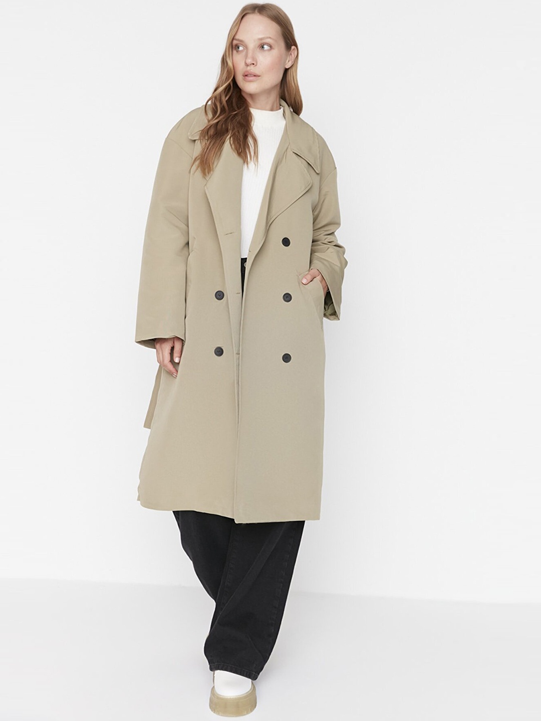 

Trendyol Women Khaki Solid Double-Breasted Longline Pure Cotton Trench Coat