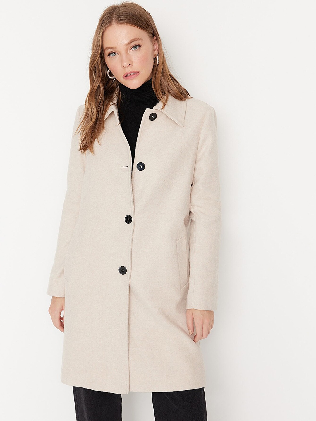 

Trendyol Women Beige Solid Longline Overcoats