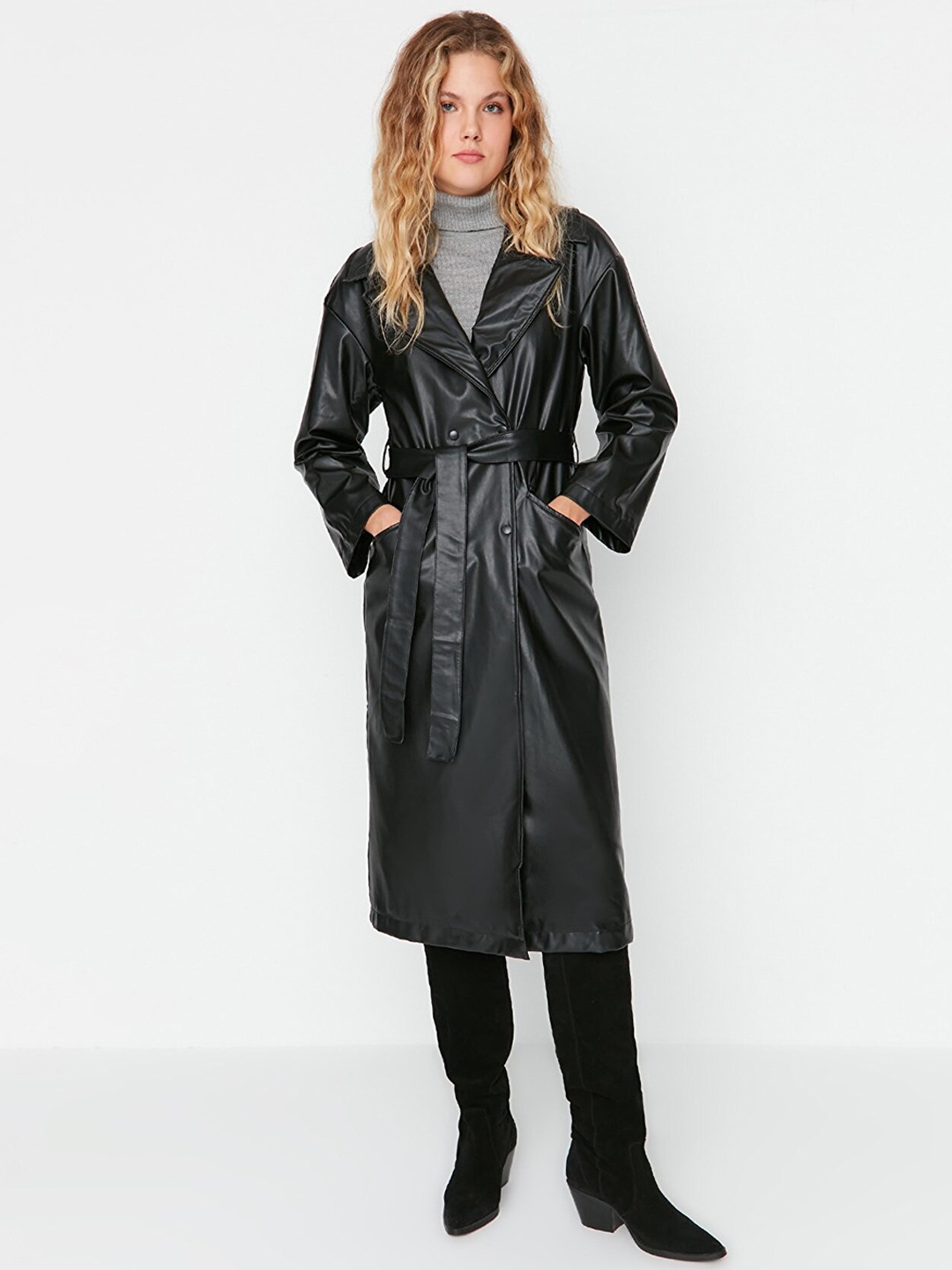 

Trendyol Women Black Solid Trench Longline Coat