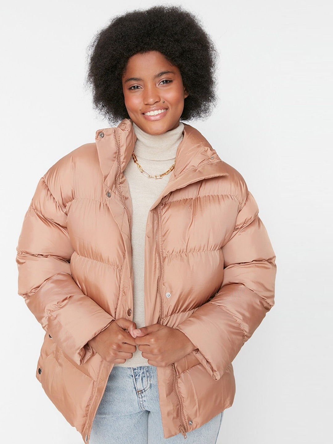 

Trendyol Women Peach-Coloured Solid Puffer Jacket