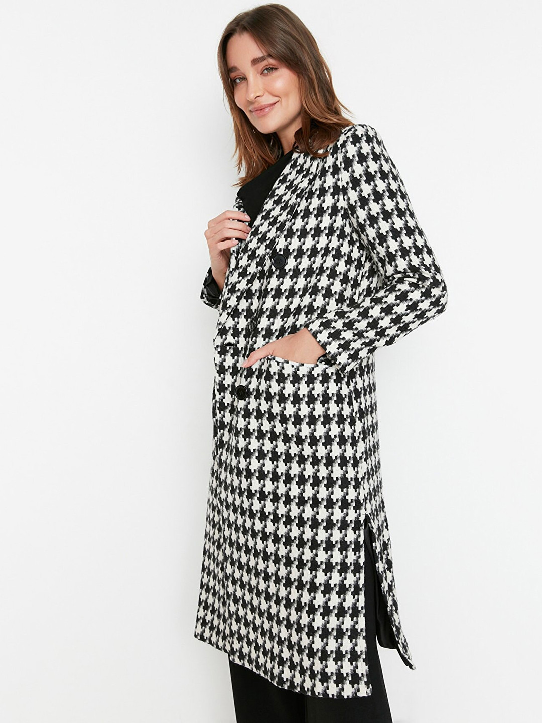 

Trendyol Women Black & White Printed Pure Cotton Trench Coats