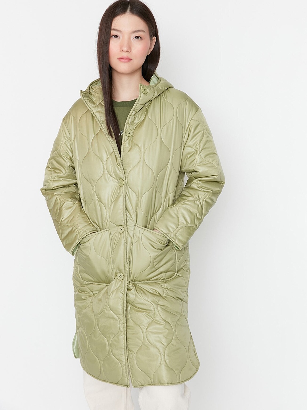 Trendyol Women Green Longline Quilted Hooded Jacket