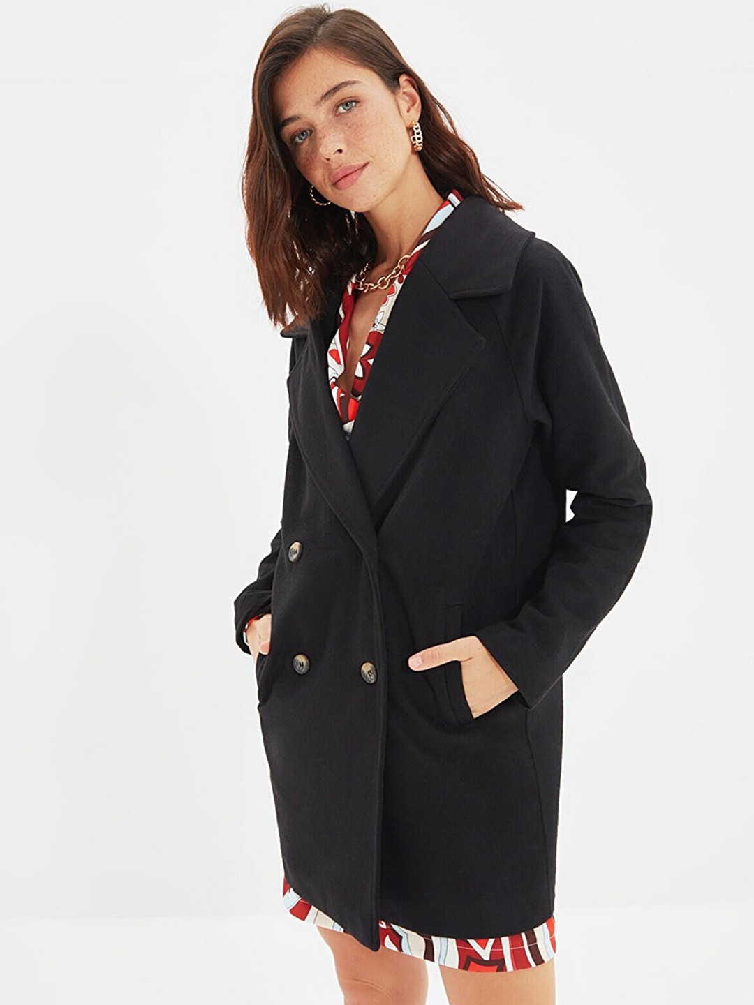 

Trendyol Women Black Solid Double Breasted Overcoat