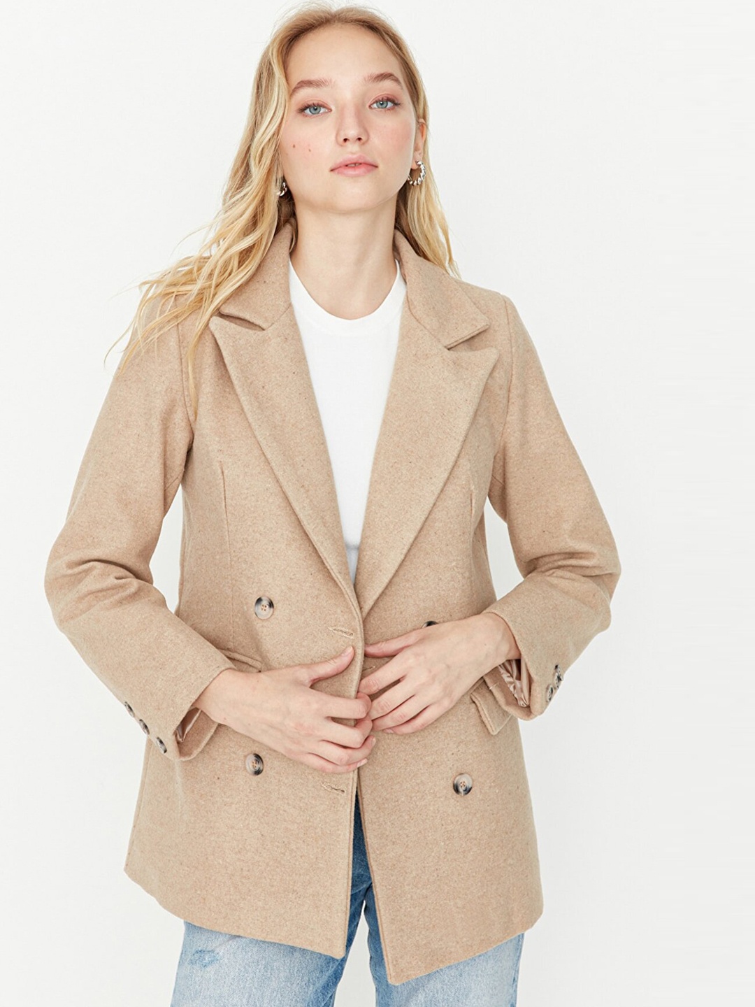 

Trendyol Women Beige Solid Double-Breasted Longline Overcoat