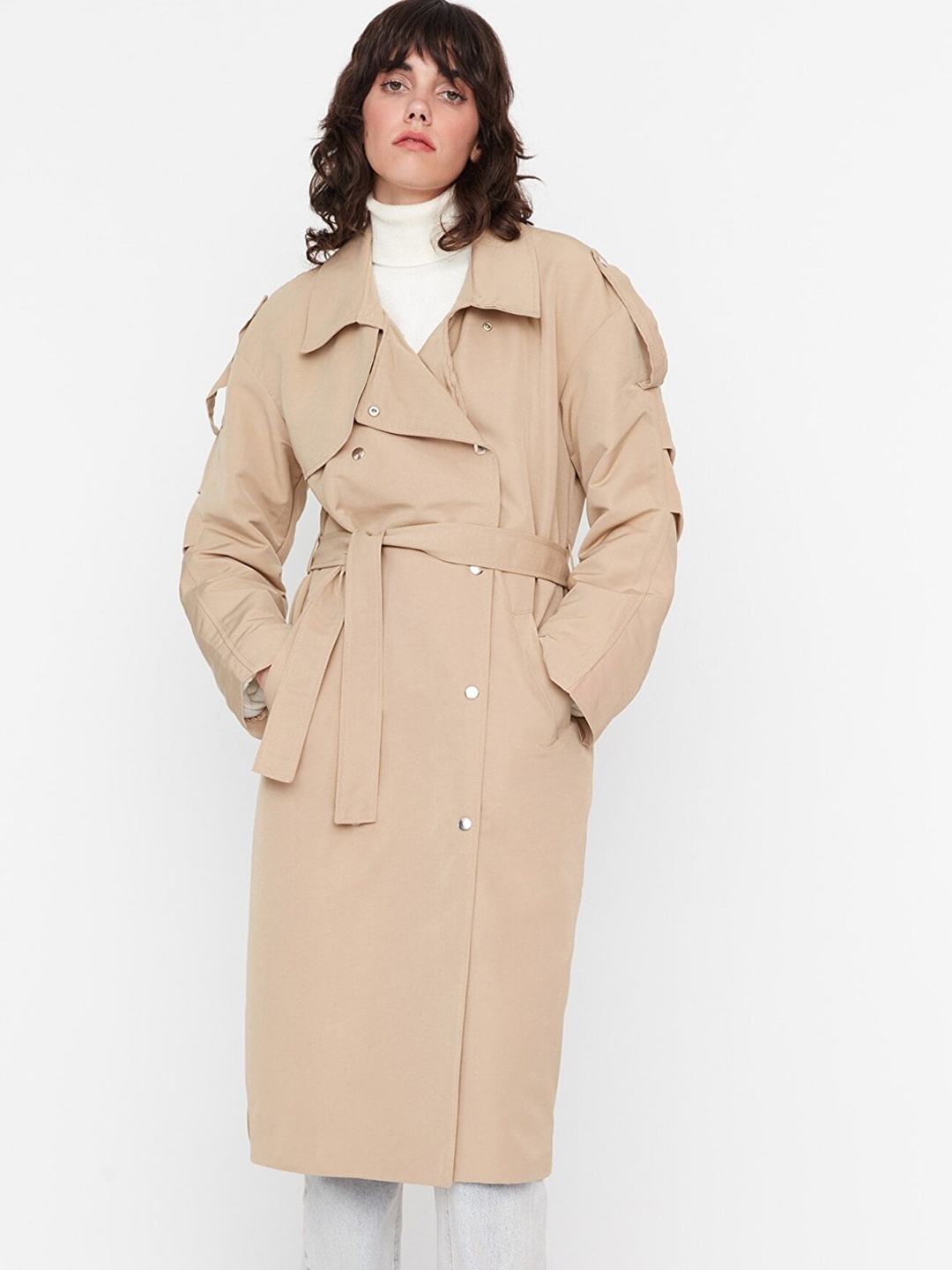 

Trendyol Women Beige Solid Double Breasted Coat