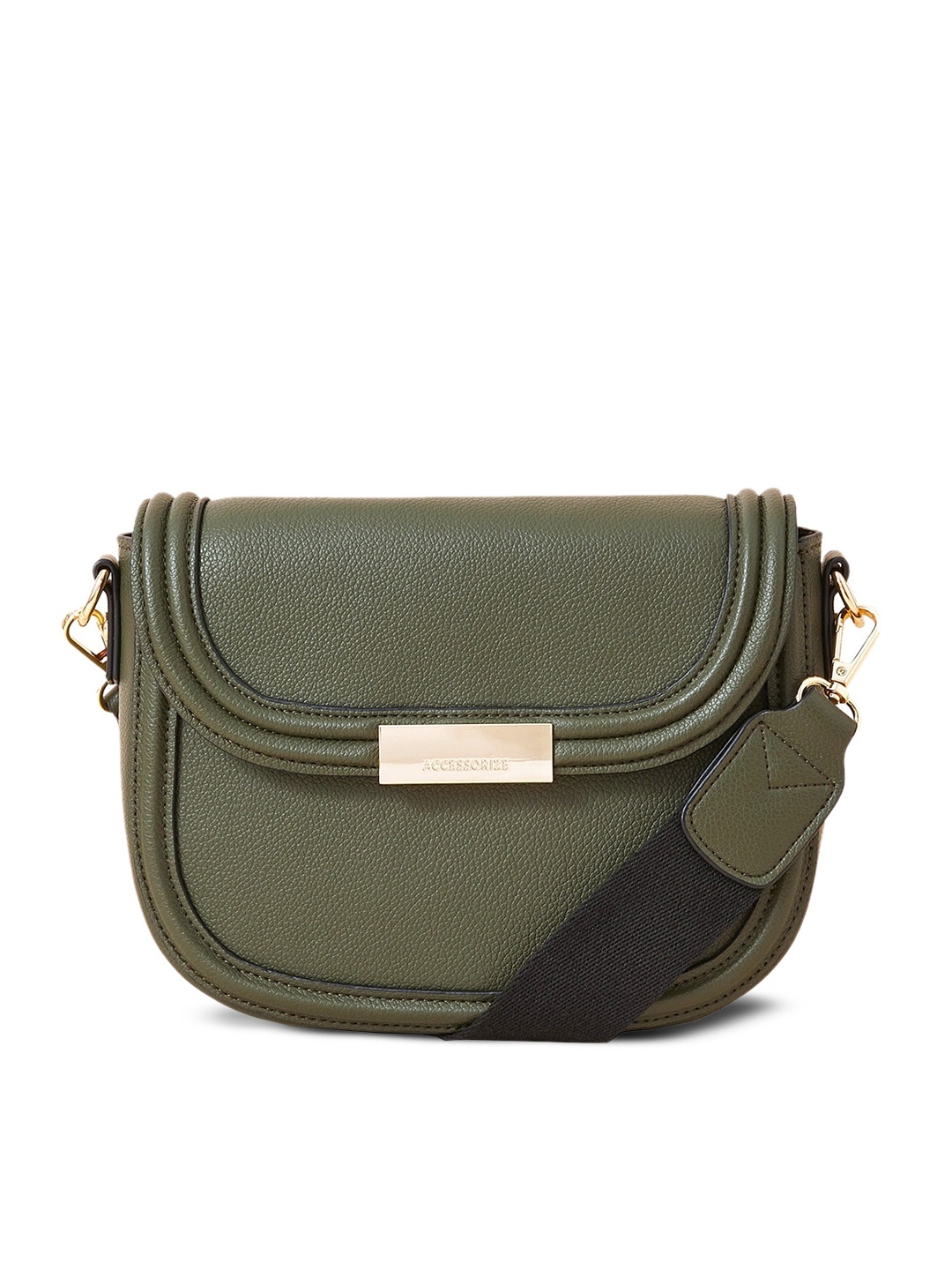 

Accessorize London Women Faux Leather Webbing Saddle Sling Bag, Khaki