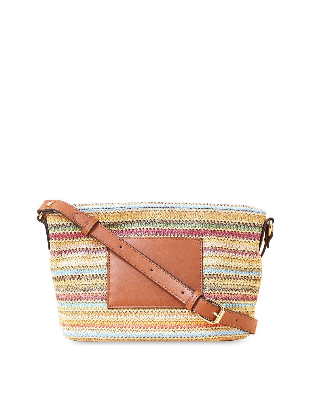 

Accessorize London Women's Faux Leather Multi Color Stripe Raffia Sling Bag, Beige