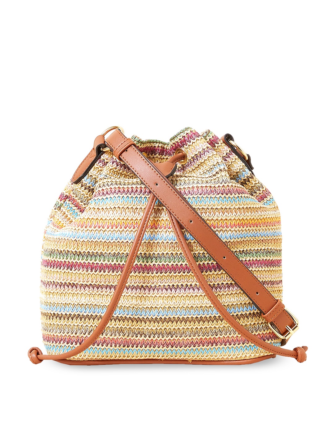 

Accessorize London Women Faux Leather Stripe Raffia Duffle Sling Bag, Beige