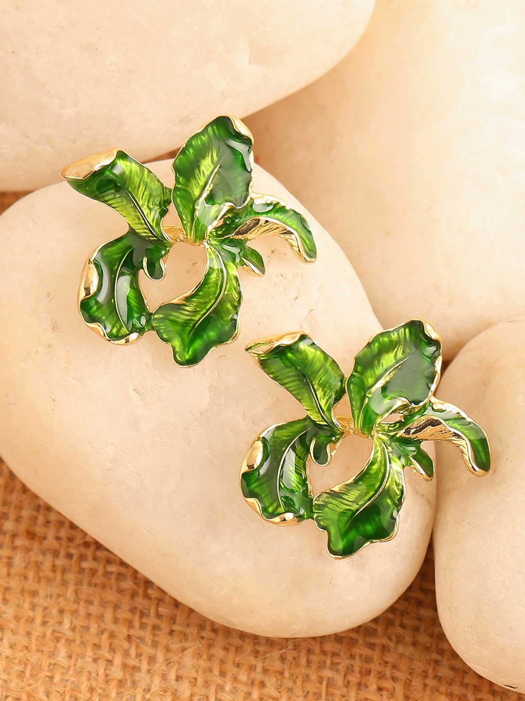 

SOHI Green & Gold Plated Contemporary Studs Earrings