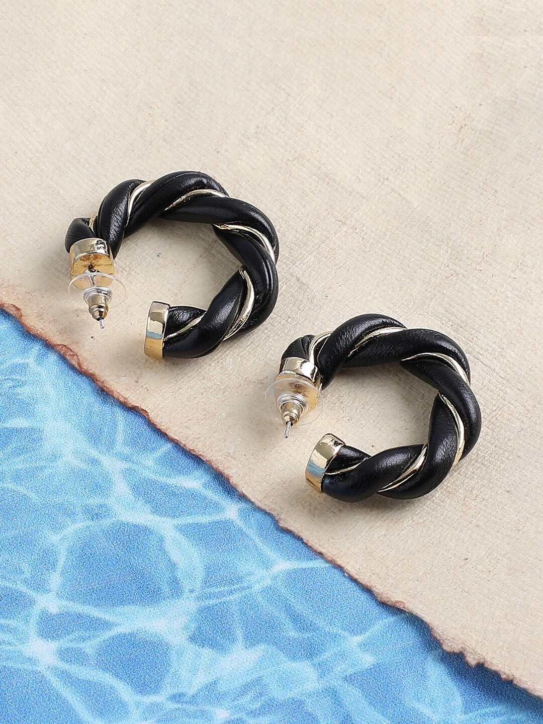 

SOHI Black & Gold Plated Contemporary Half Hoop Earrings