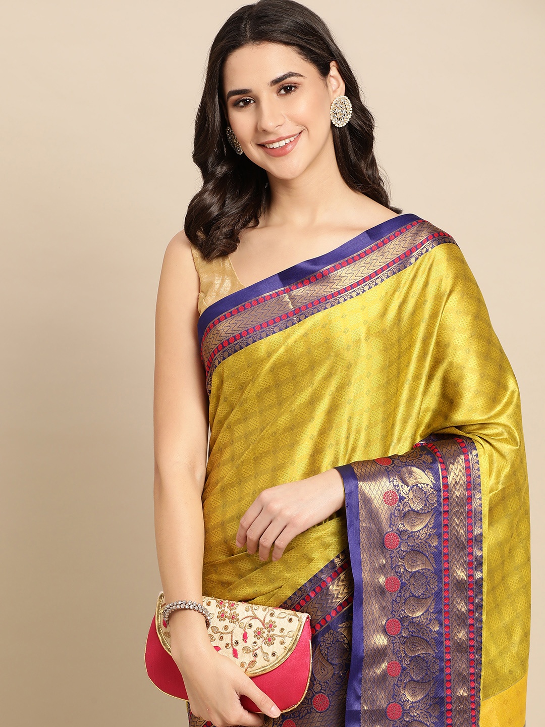 

FASHDEAL Yellow & Navy Blue Ethnic Motifs Pure Cotton Saree