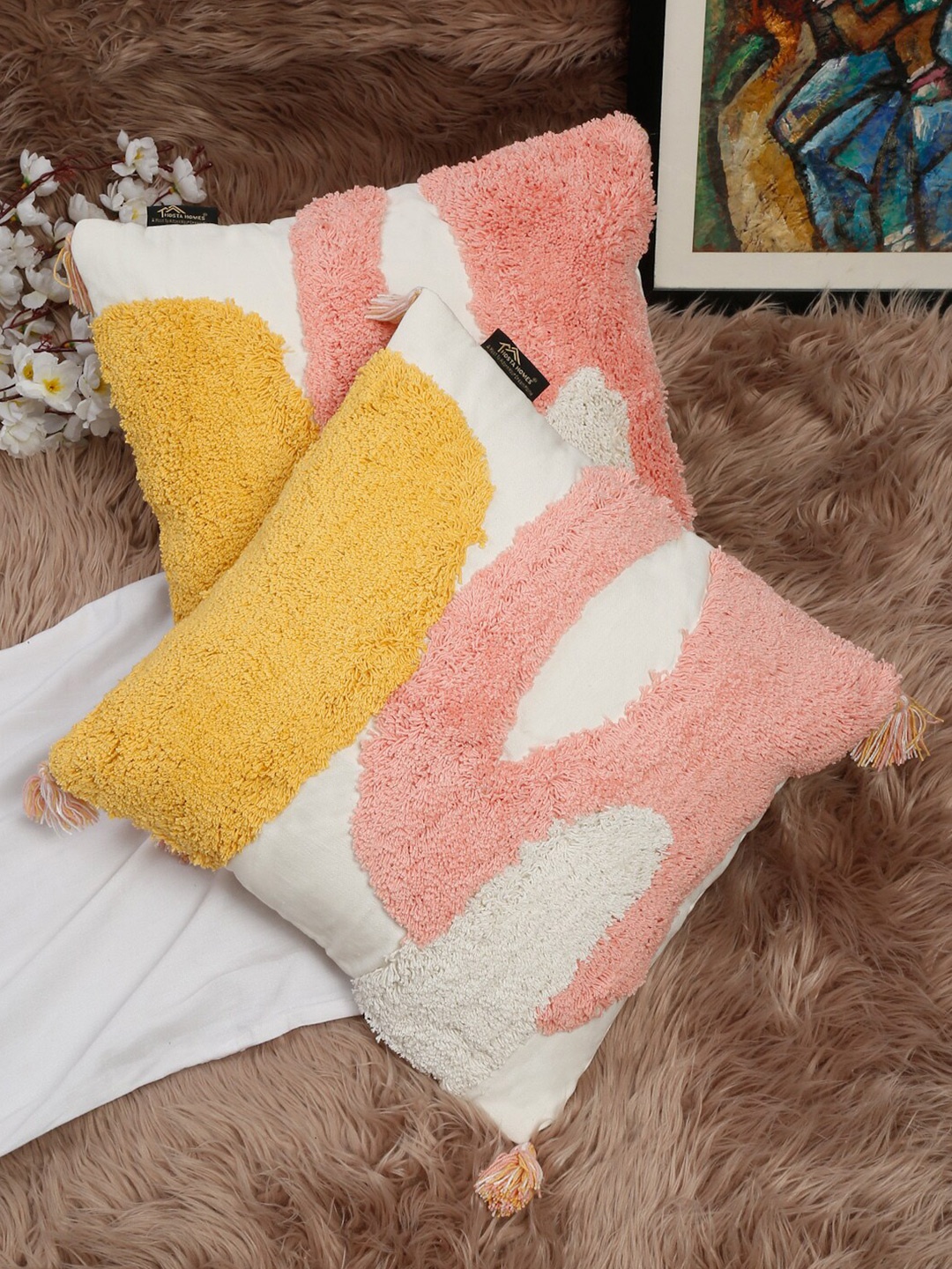 

HOSTA HOMES White & Pink Set of 2 Abstract Cotton Square Cushion Covers