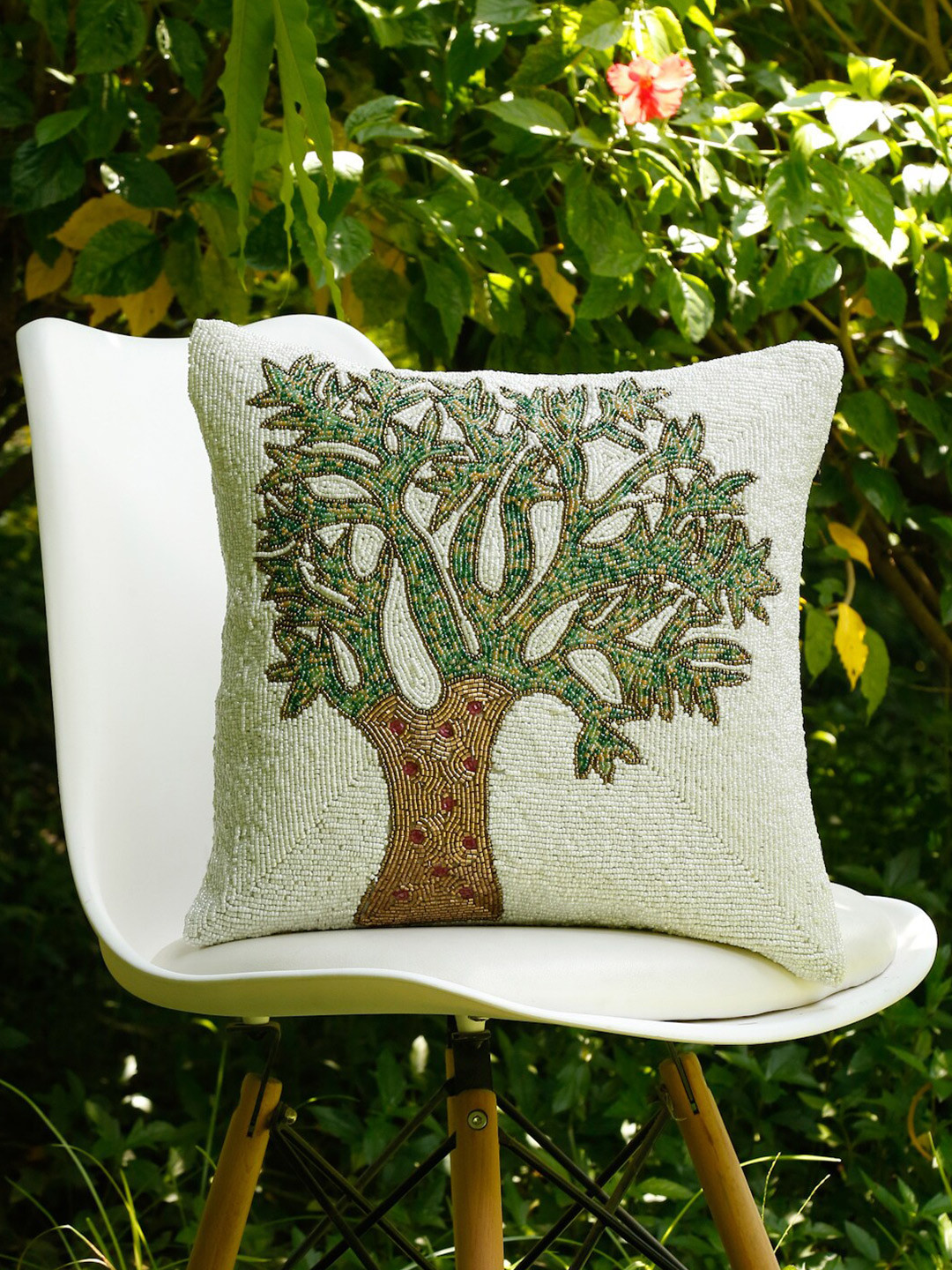 

HOSTA HOMES White & Green Embellished Square Cushion Cover