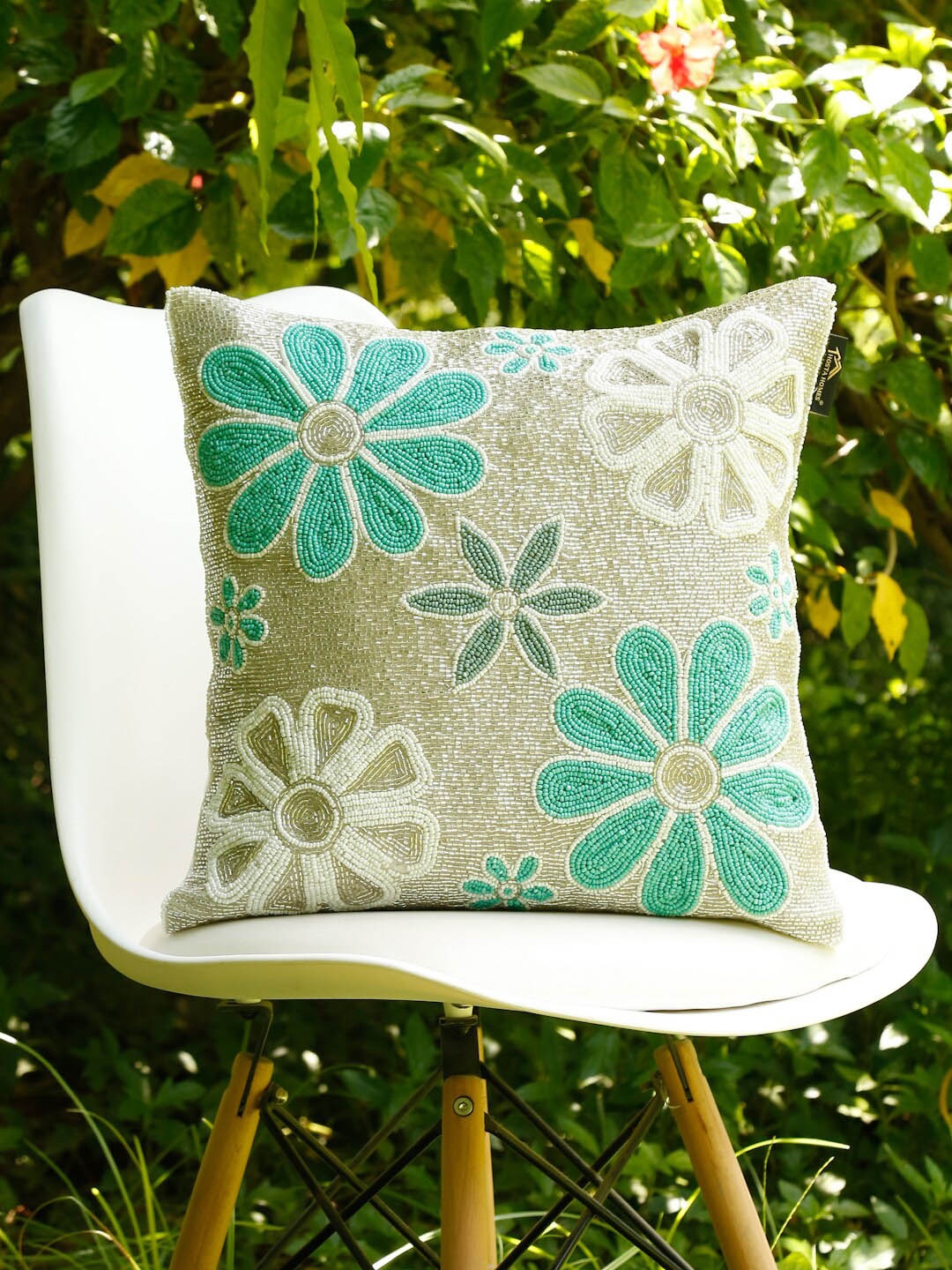 

HOSTA HOMES Brown & Sea Green Embellished Square Cotton Cushion Covers