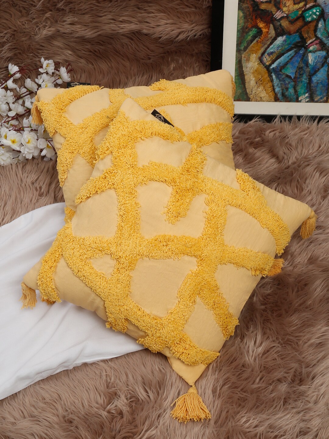

HOSTA HOMES Yellow Set of 2 Abstract Pure Cotton Square Cushion Covers
