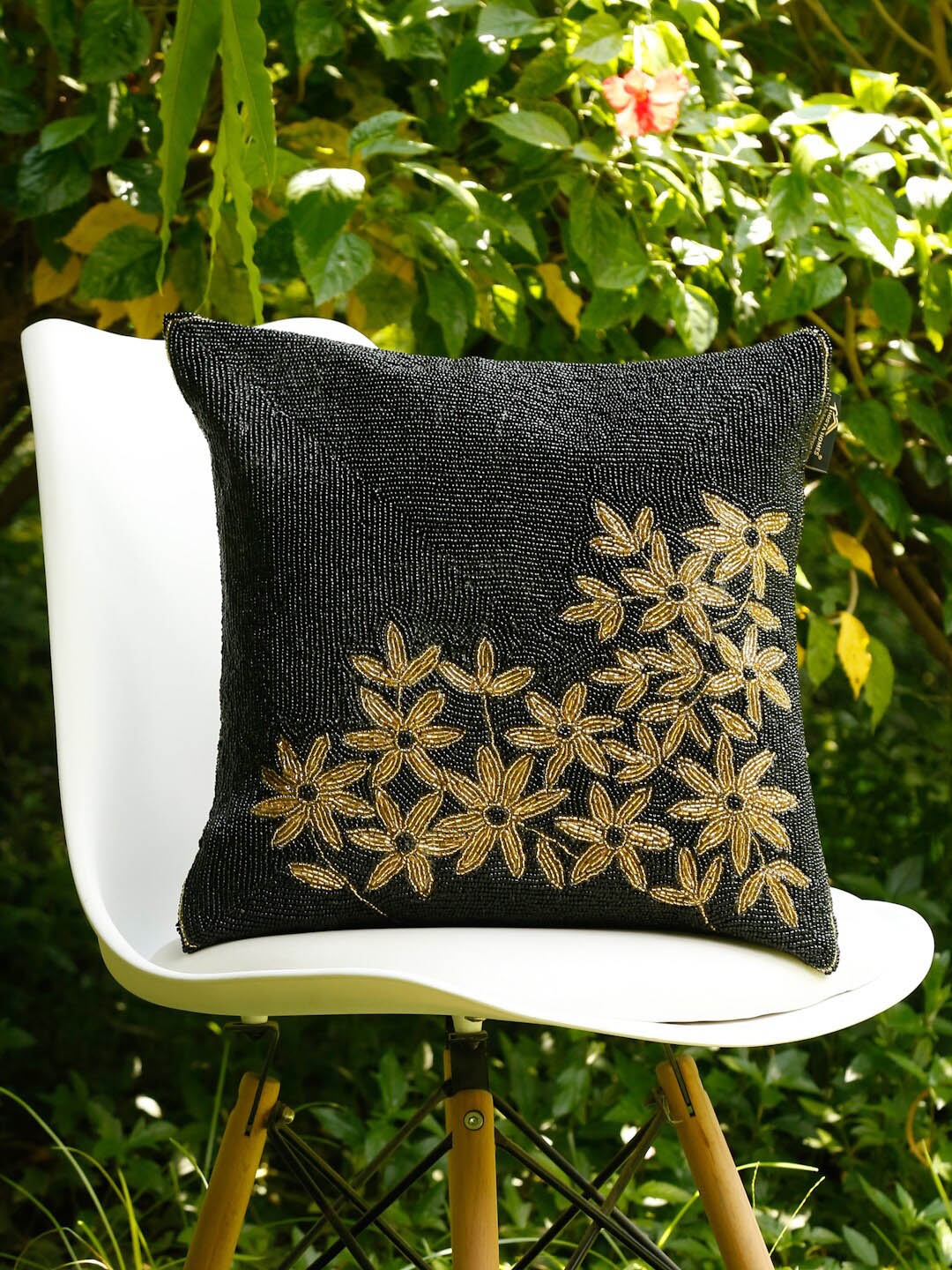 

HOSTA HOMES Black & Gold-Toned Embellished Square Cushion Cover