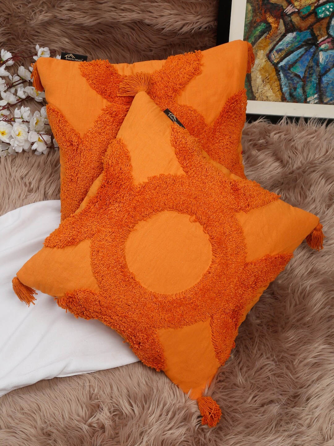 

HOSTA HOMES Orange Set of 2 Geometric Pure Cotton Square Cushion Covers