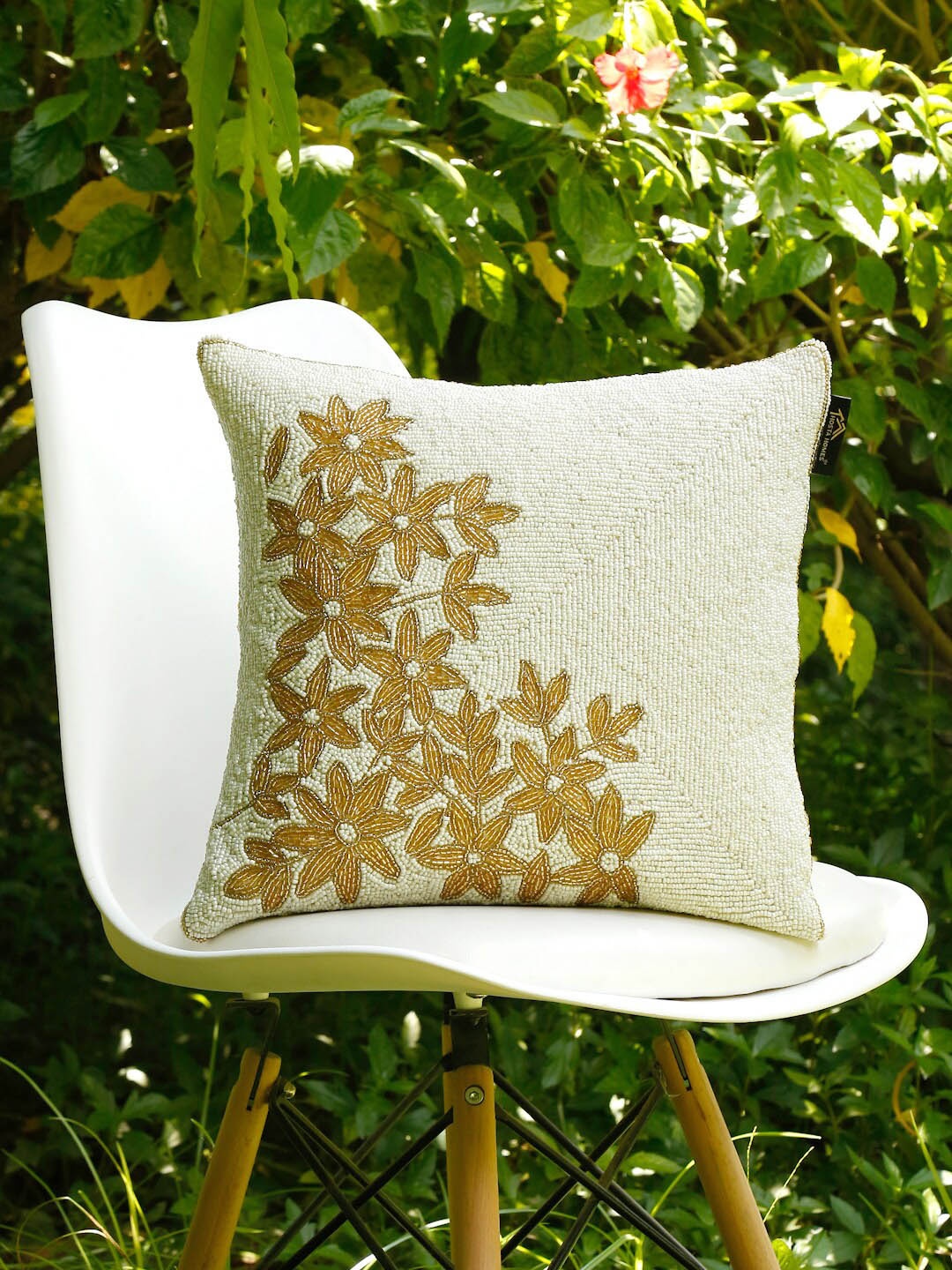 

HOSTA HOMES White & Gold-Toned Embellished Square Cushion Cover
