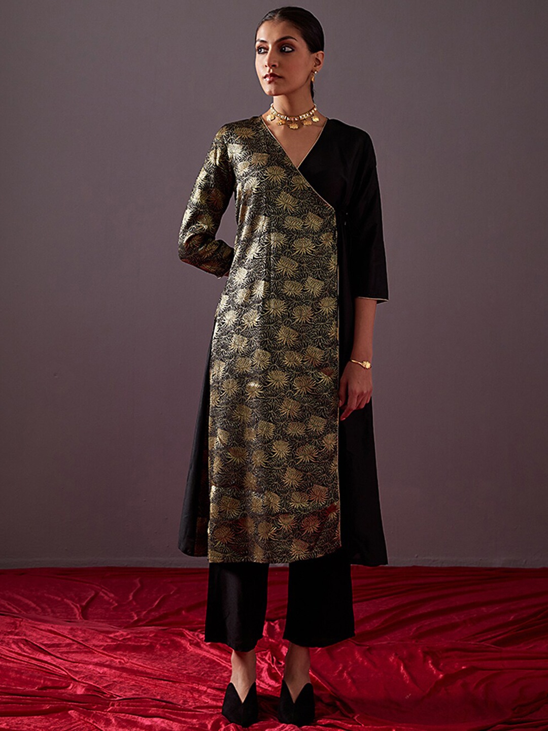 

Abhishti Floral Woven Design Angrakha A-Line Cotton Banarasi A-Line Kurta, Black