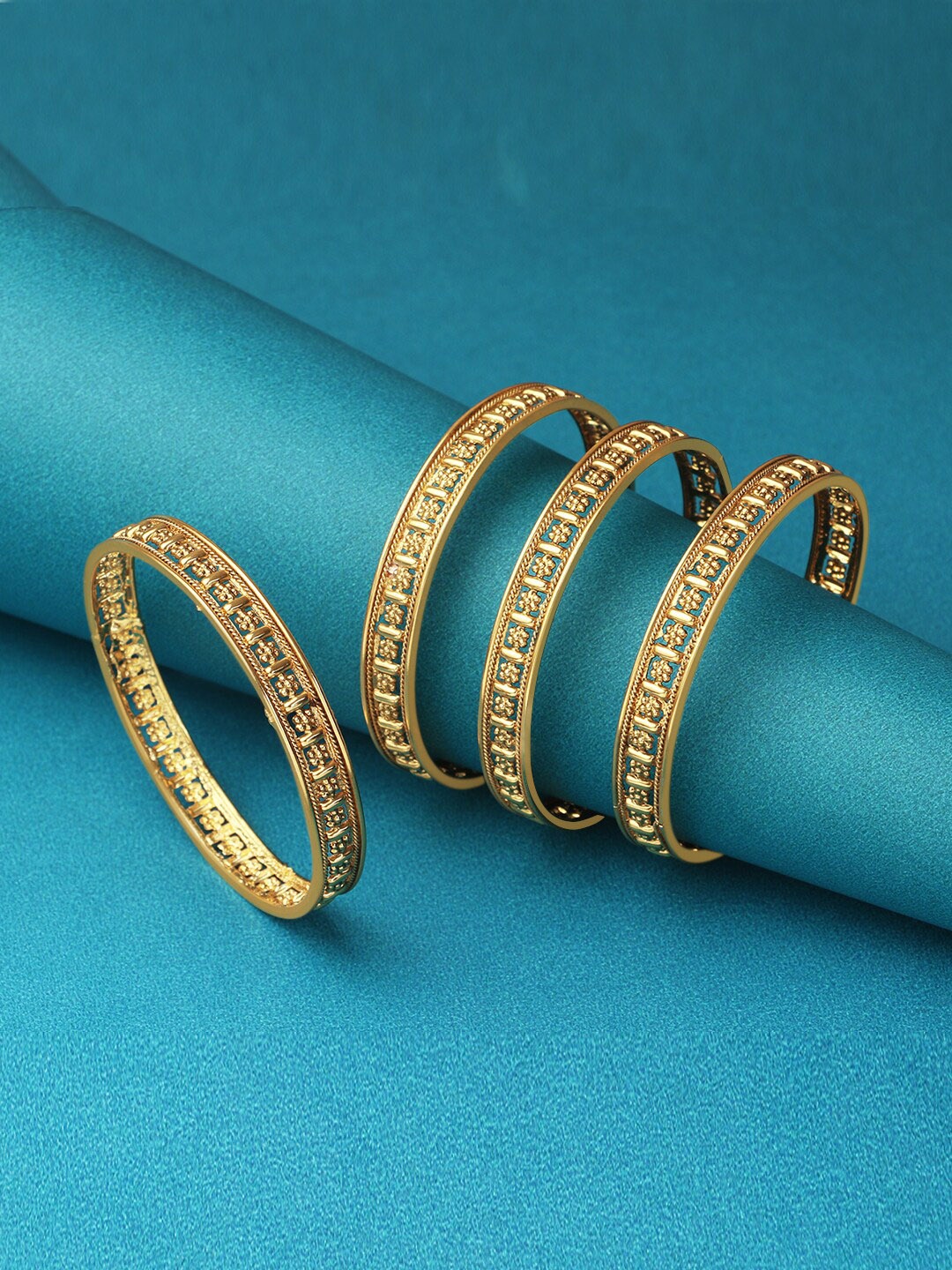 

Adwitiya Collection Set Of 4 24 KT Gold-Plated Stone-Studded Pearl Beaded Bangles