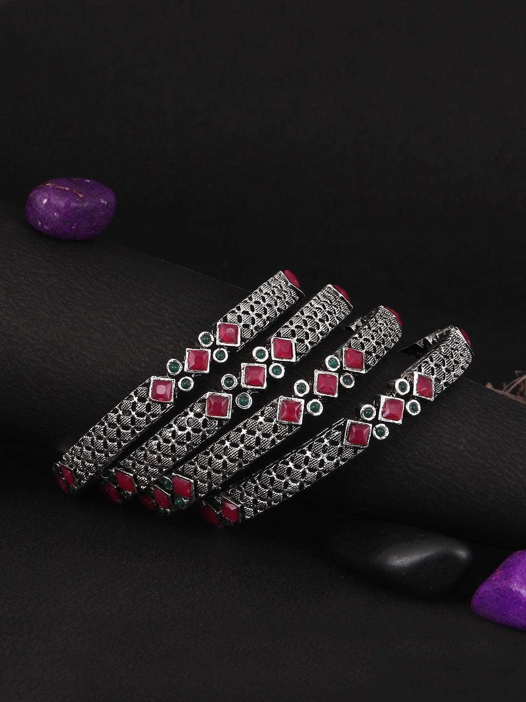 

Adwitiya Collection Set Of 4 Silver-Plated Red Stone-Studded Bangles