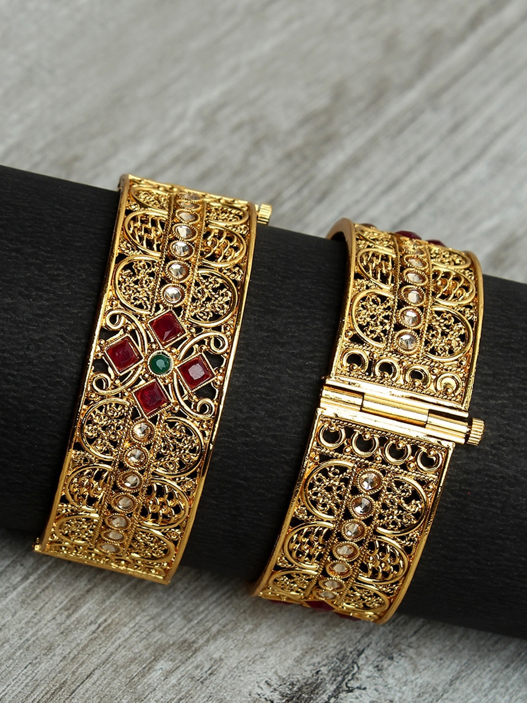 

Adwitiya Collection Set Of 2 24 KT Gold-Plated White & Red Stone-Studded Bangles