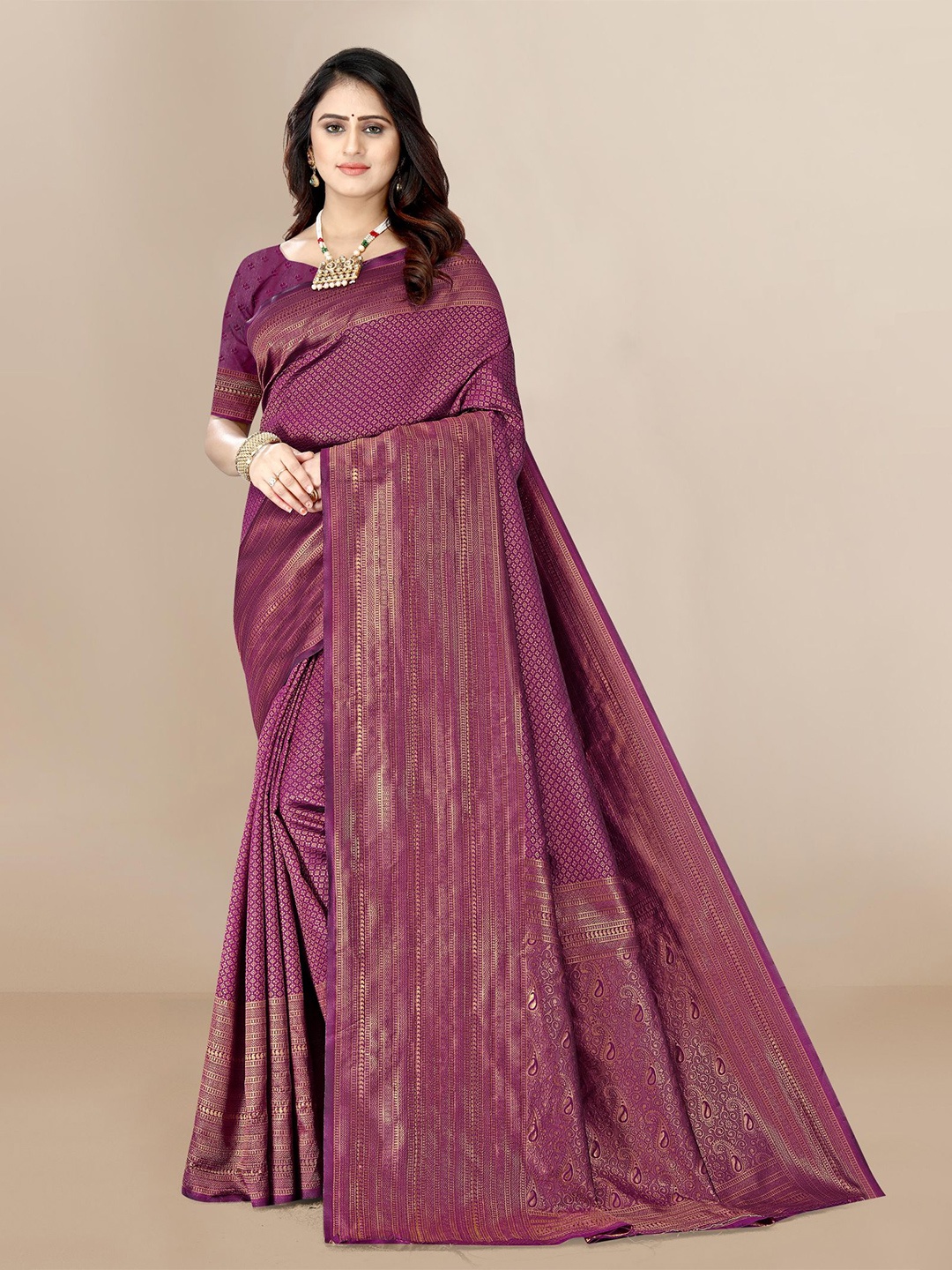 

VAIRAGEE Purple & Gold-Toned Woven Design Zari Saree