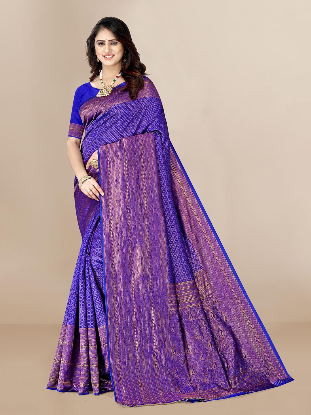 

VAIRAGEE Blue & Gold-Toned Woven Design Zari Saree