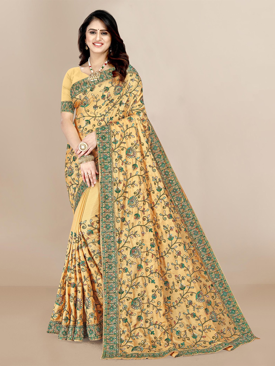 

VAIRAGEE Yellow & Green Floral Embroidered Silk Blend Saree