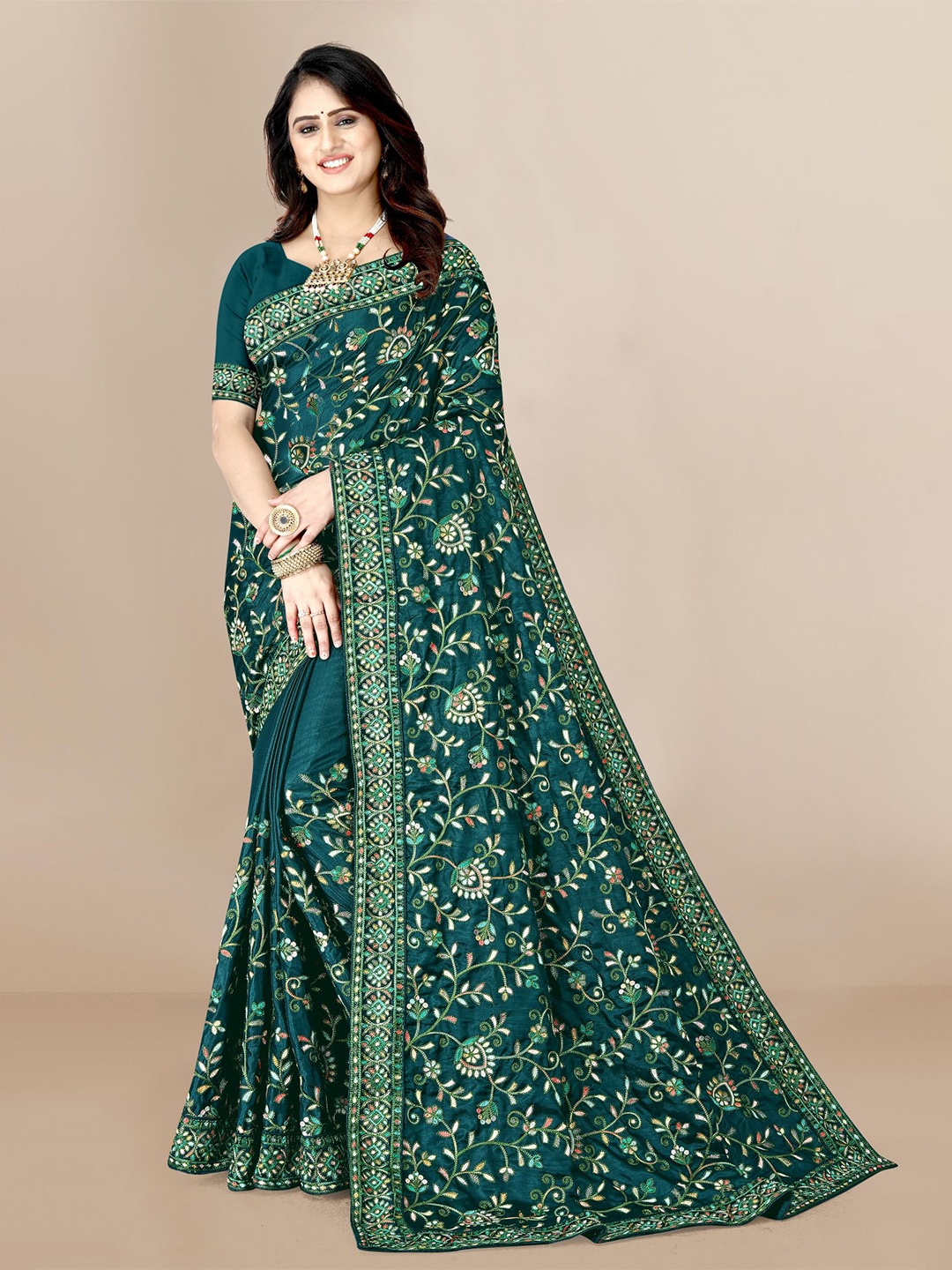 

VAIRAGEE Teal Floral Embroidered Silk Blend Saree
