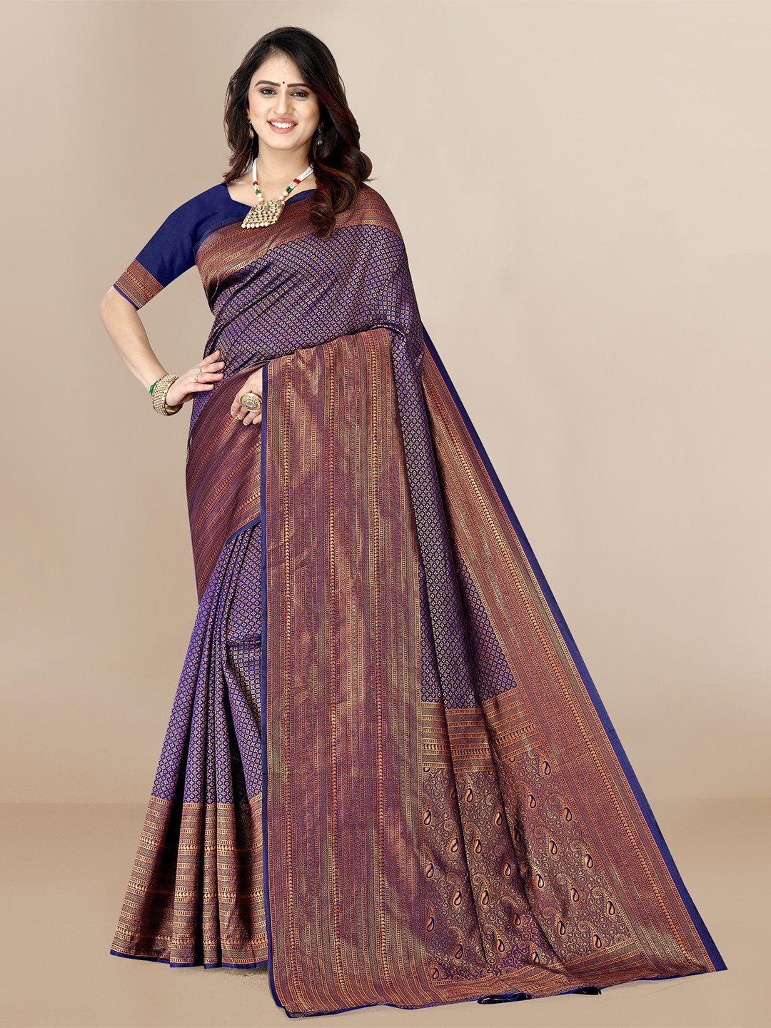 

VAIRAGEE Navy Blue & Gold-Toned Woven Design Zari Saree