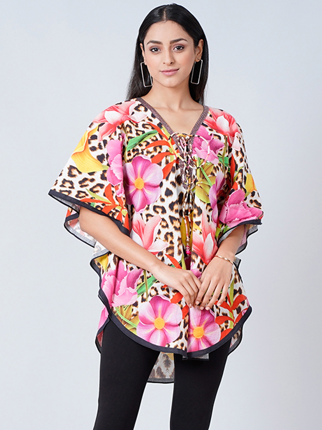 

First Resort by Ramola Bachchan Pink & White Linen Floral Printed Tunic