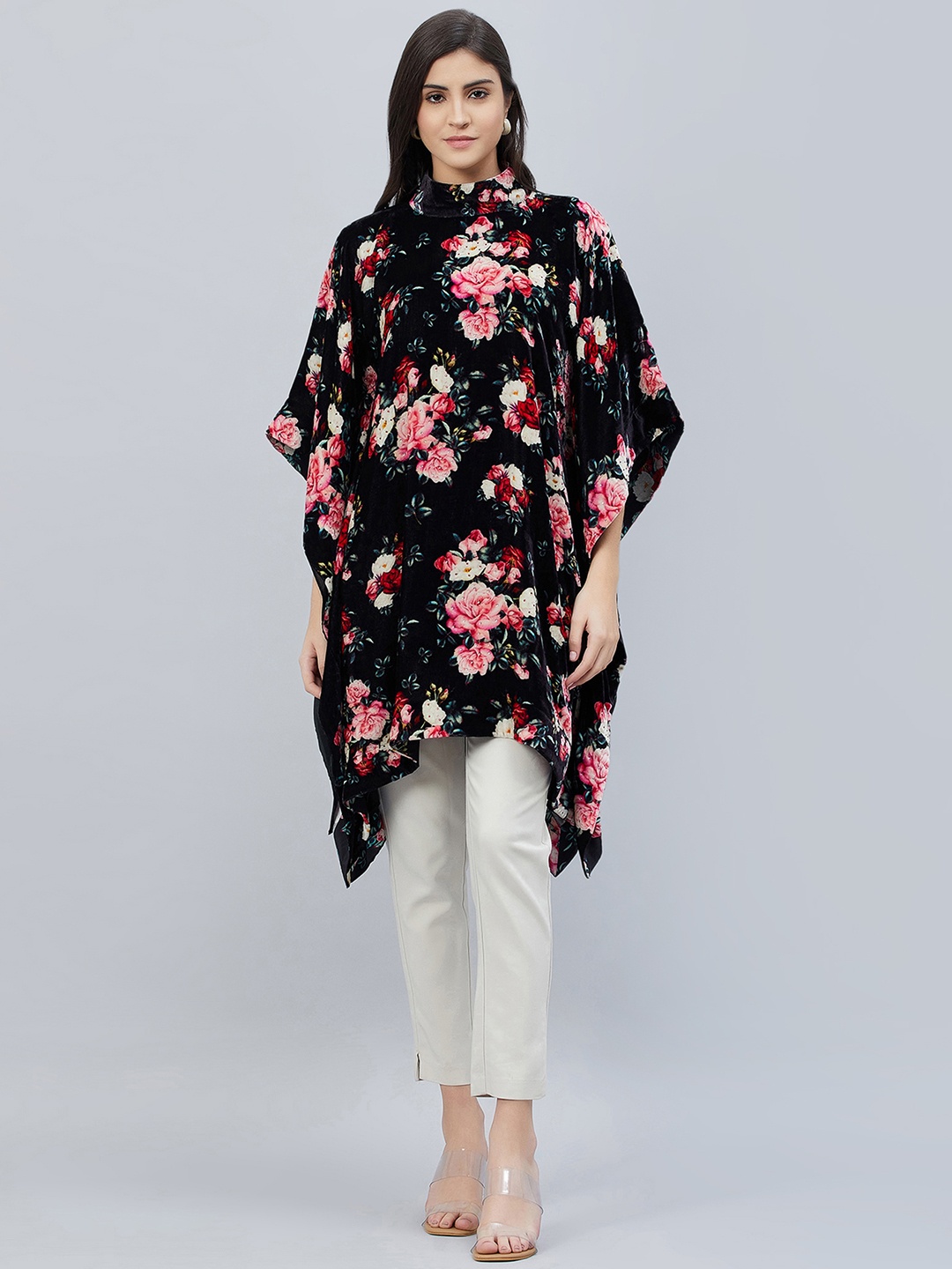 

First Resort by Ramola Bachchan Black & Pink High Neck Printed Embellished Tunic