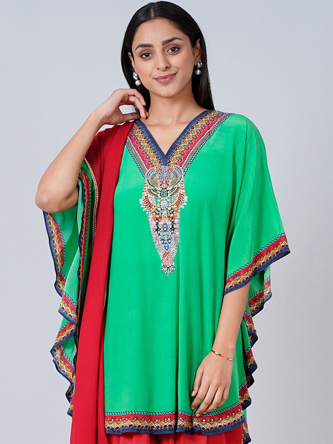 

First Resort by Ramola Bachchan Green & Red Printed Embellished Tunic