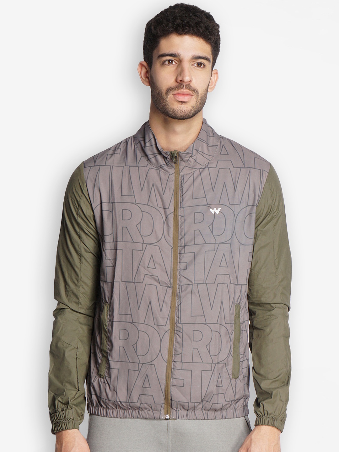 

Wildcraft Men Olive Green & Grey Typography Water Resistant Biker Jacket