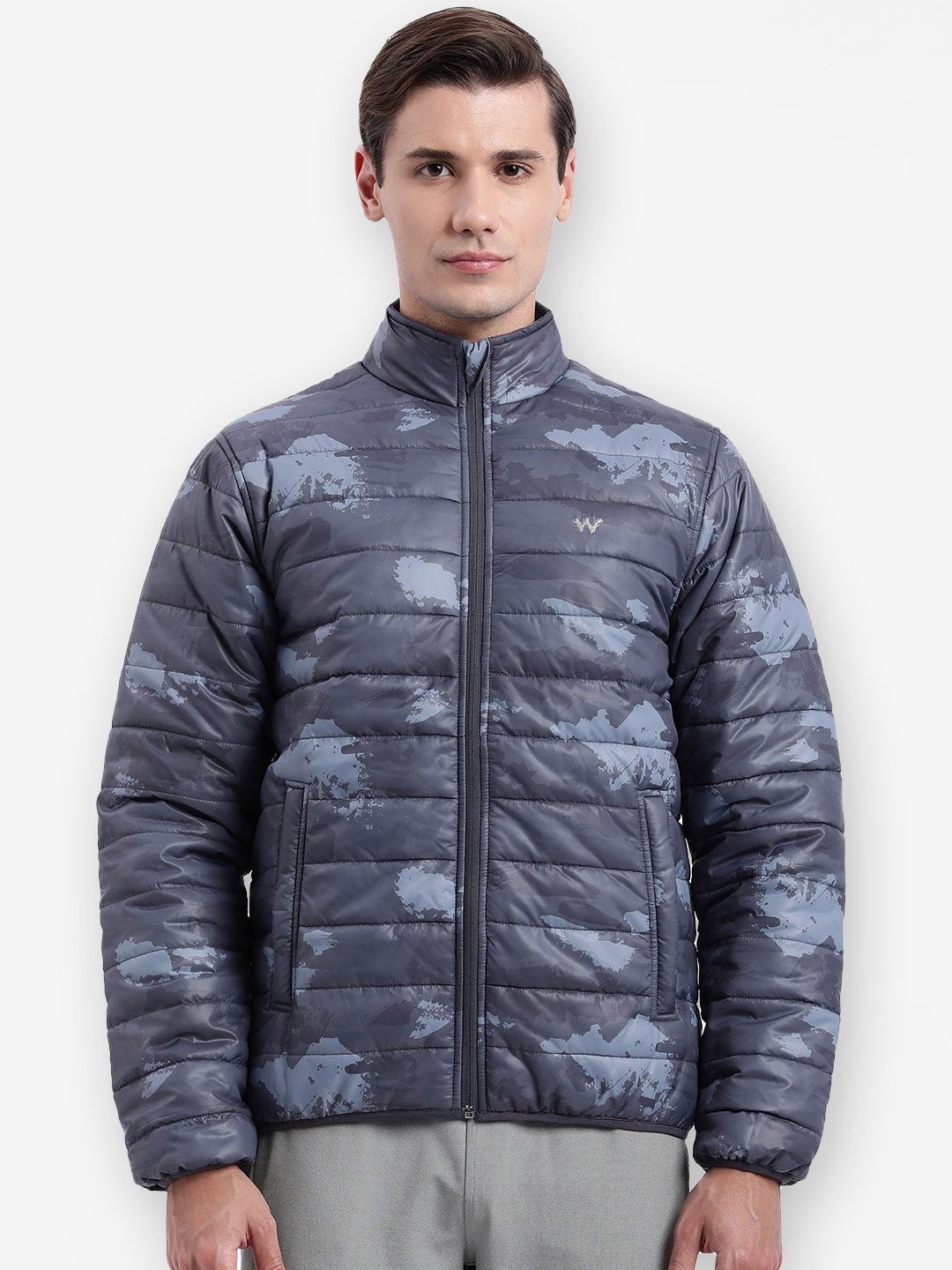 

Wildcraft Men Grey & Blue Camouflage Water Resistant Outdoor Puffer Jacket