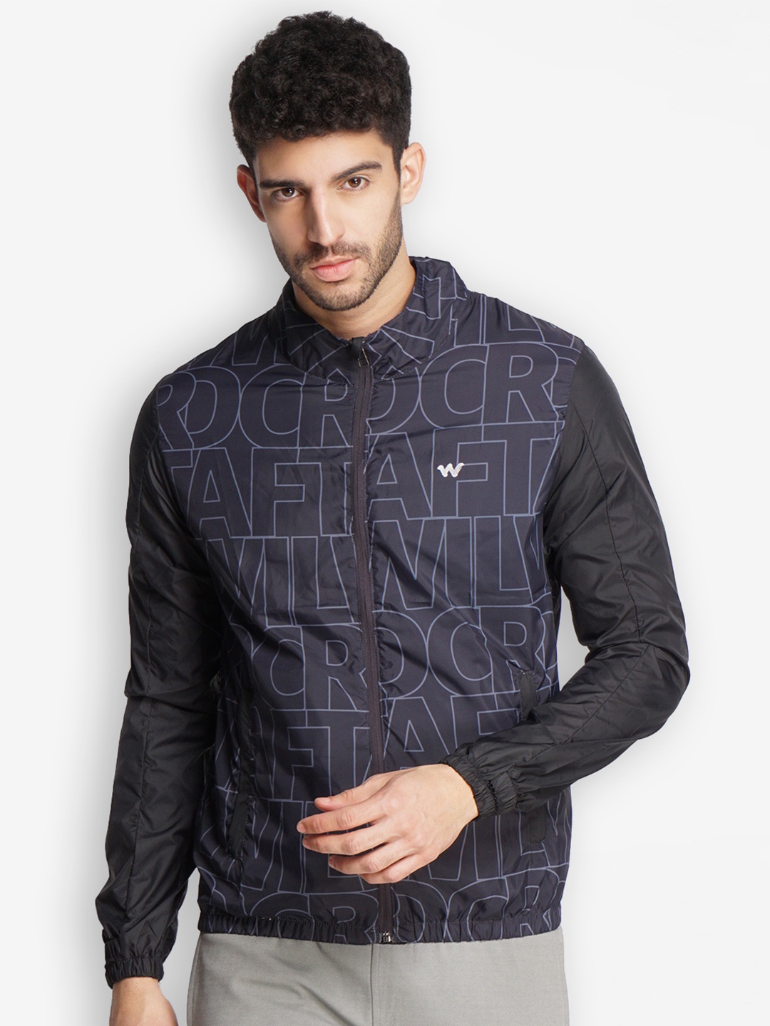 

Wildcraft Men Black Navy Blue Typography Printed Water Resistant Windbreaker Bomber Jacket