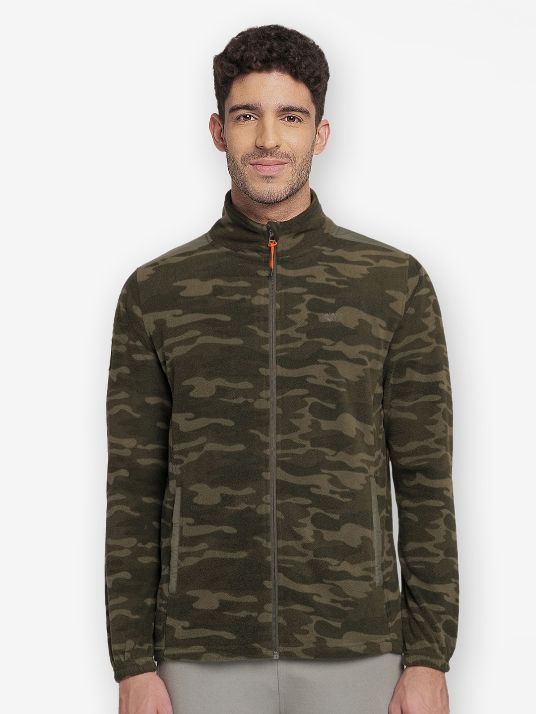 

Wildcraft Men Olive Green Camouflage Fleece Water Resistant Crop Outdoor Sporty Jacket