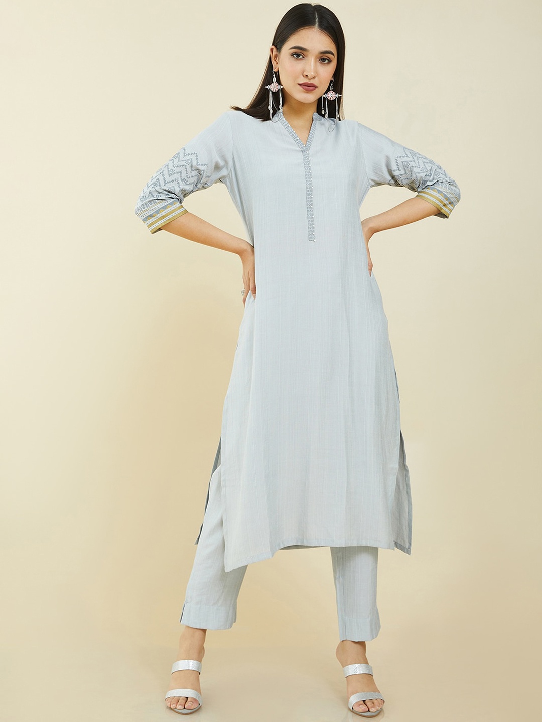 

Soch Women Grey Printed Pure Cotton Kurta with Trousers