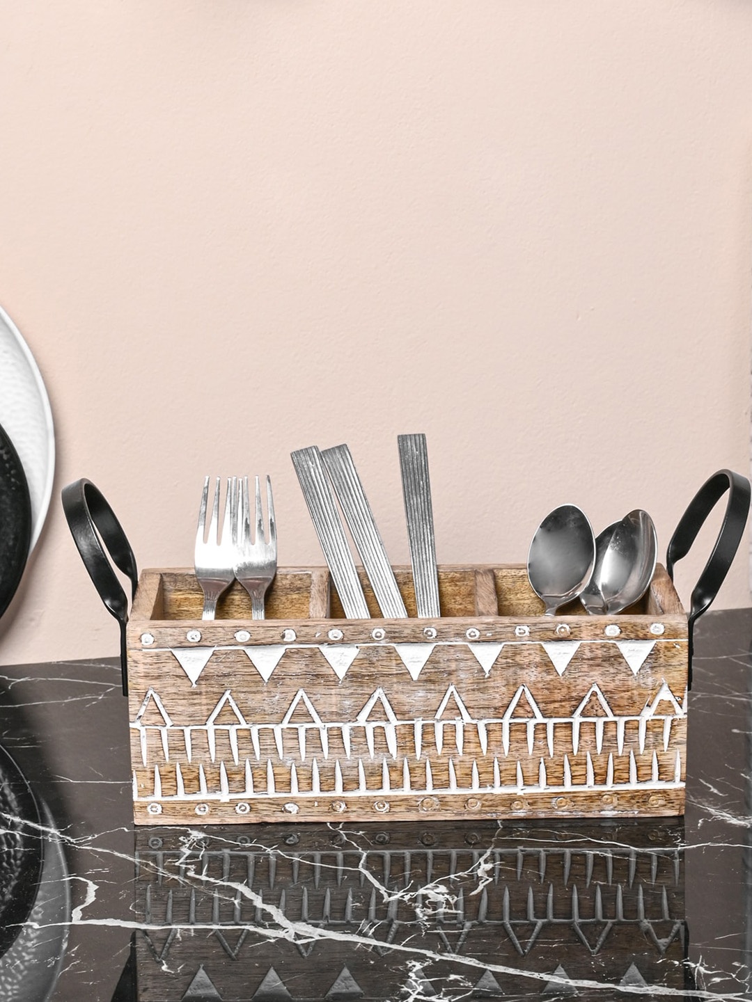 

CASA DECOR Brown Printed Wooden Cutlery Holder
