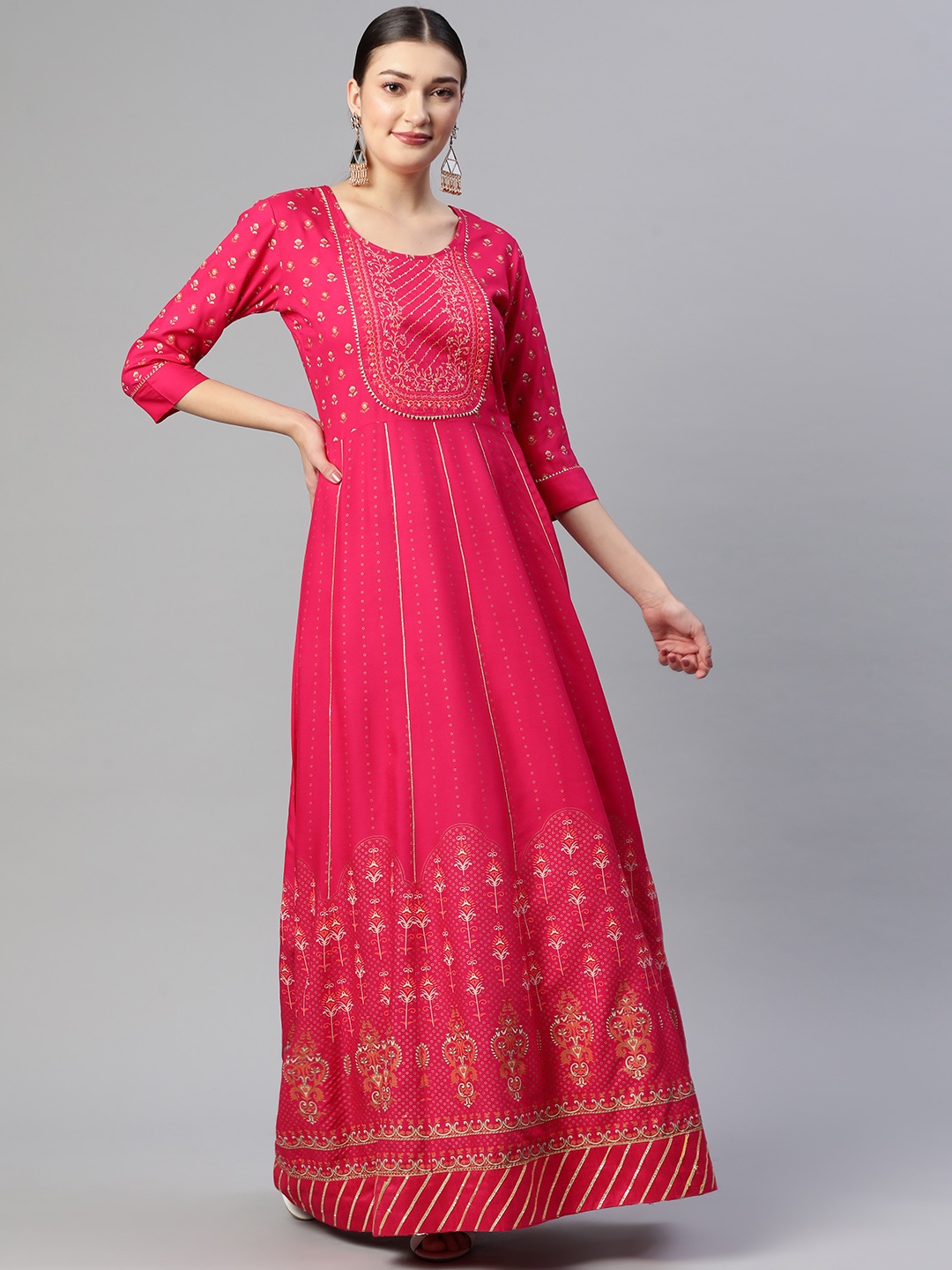 

SheWill Women Pink Ethnic Motifs Foil Printed Gotta Patti A-Line Kurta