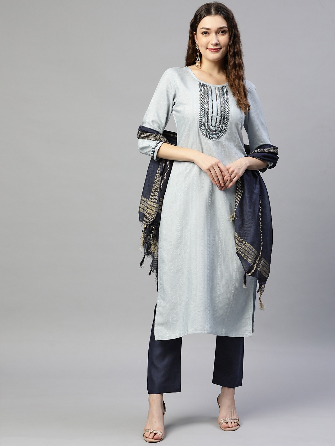 

SheWill Women Blue Floral Embroidered Sequinned Kurta with Trousers & With Dupatta
