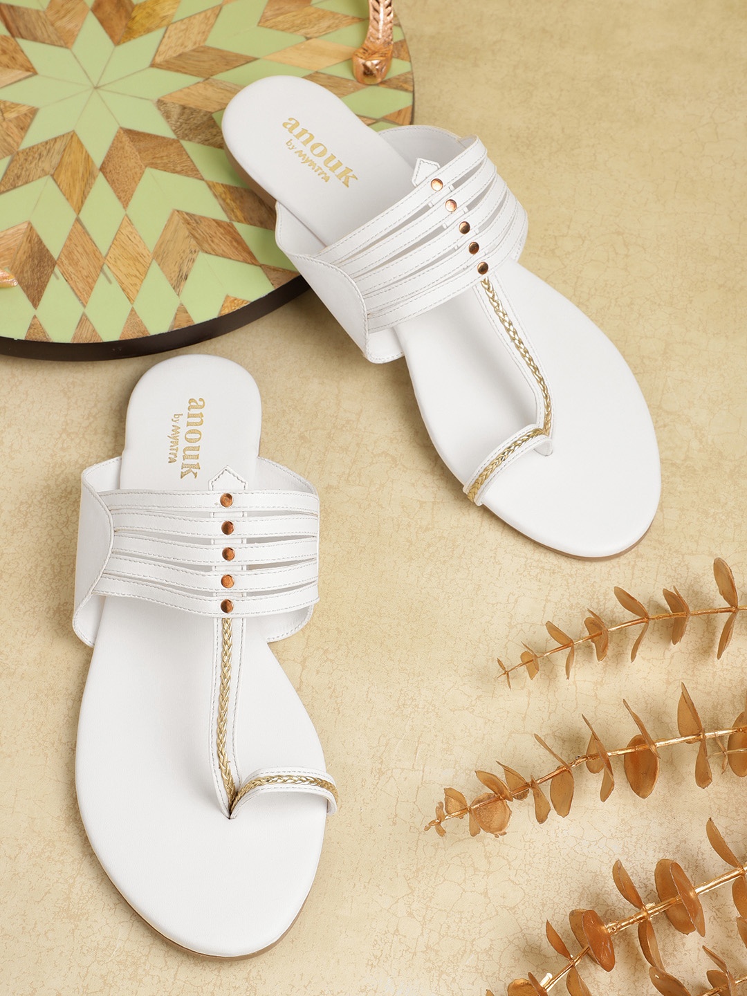 

Anouk Women Striped One Toe Flats with Braided Detail, White