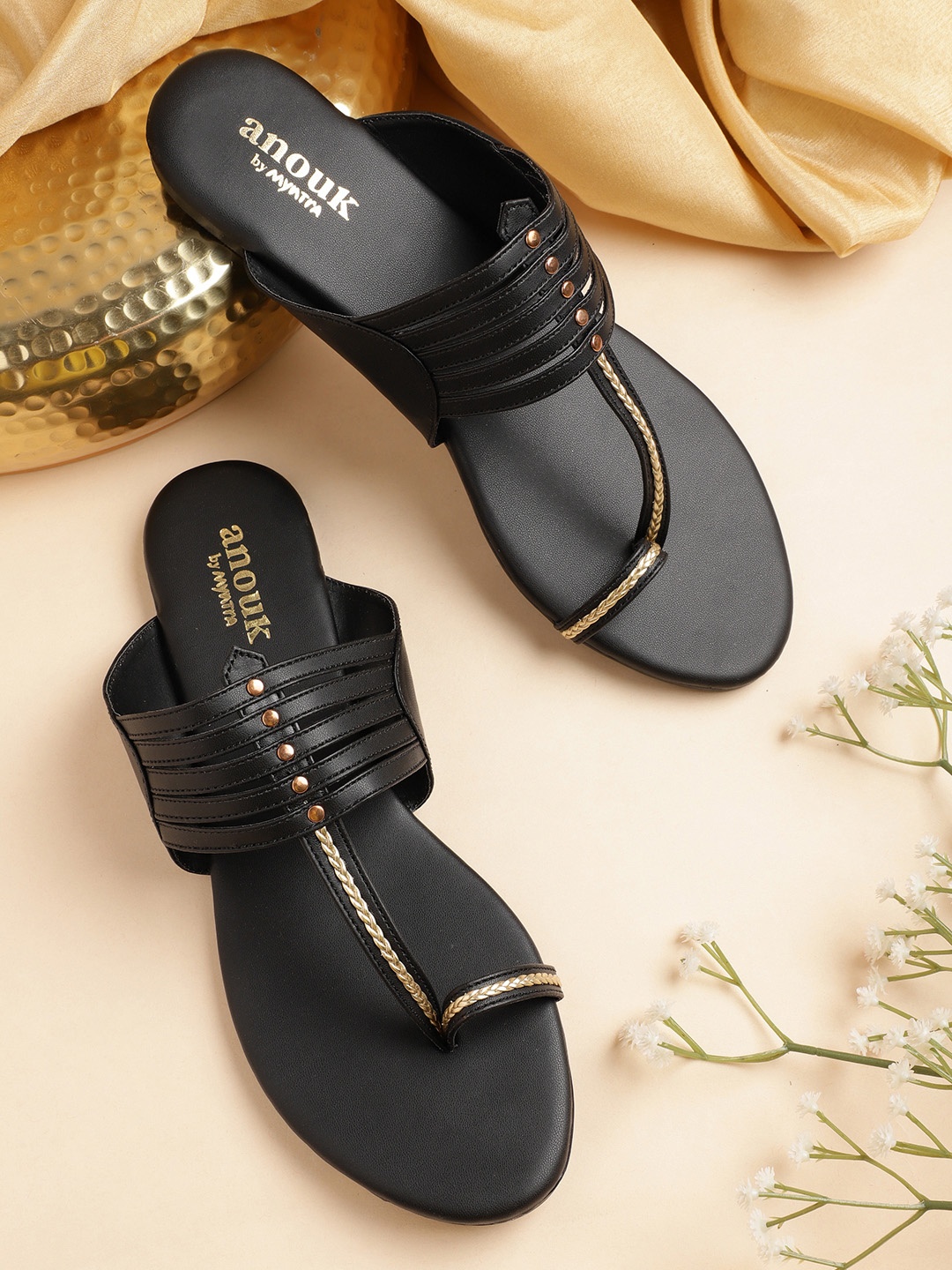 

Anouk Women Striped One Toe Flats with Braided Detail, Black